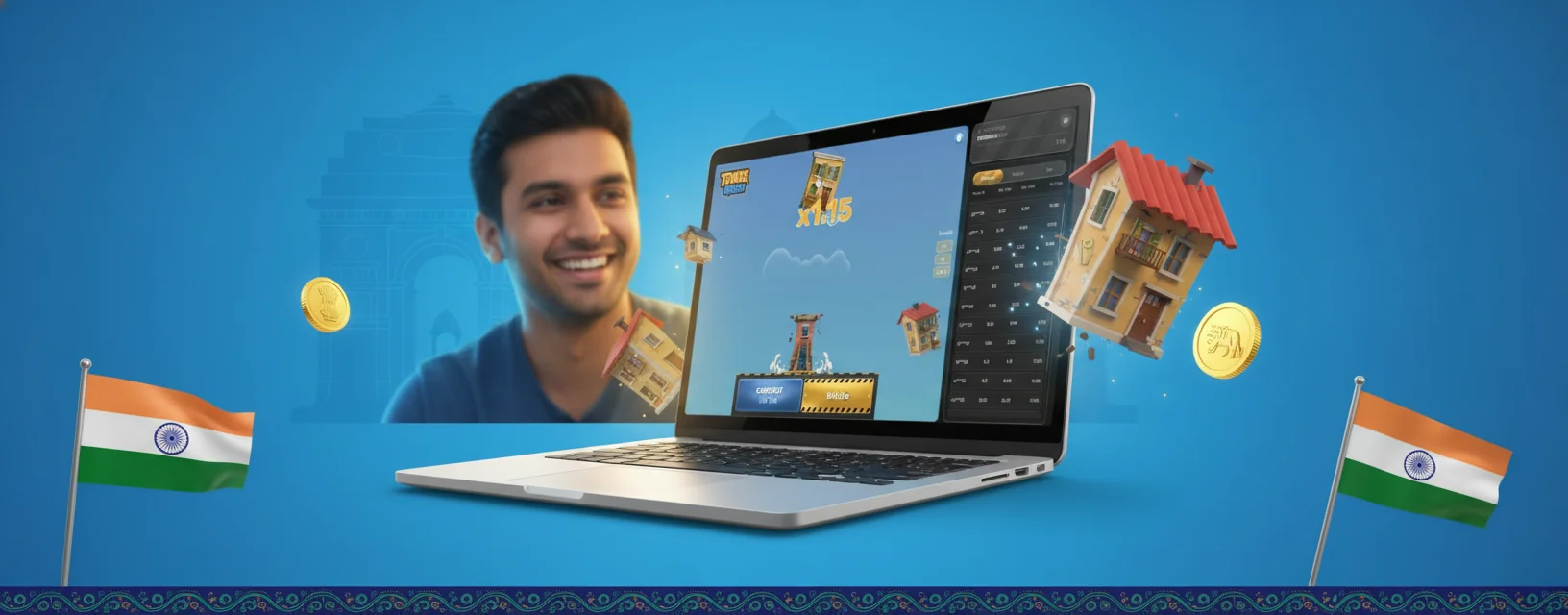 Side-by-side lobby tiles of Tower Rush, Mines, JetX and Plinko on an Indian casino with rupee bet stakes visible under each game card