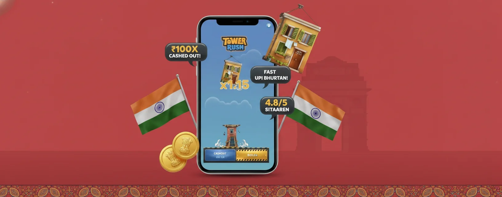 Aviator game interface in the centre surrounded by floating player quote speech-bubbles - cashed out at 100x, fast UPI payout, 4.8/5 stars -